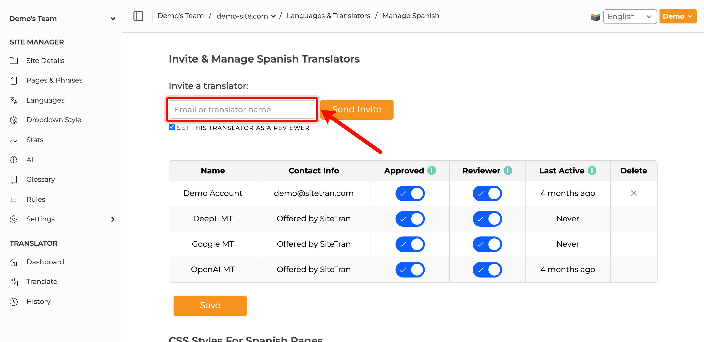 SiteTran language page showing the Invite a translator field for an email address or translator name.
