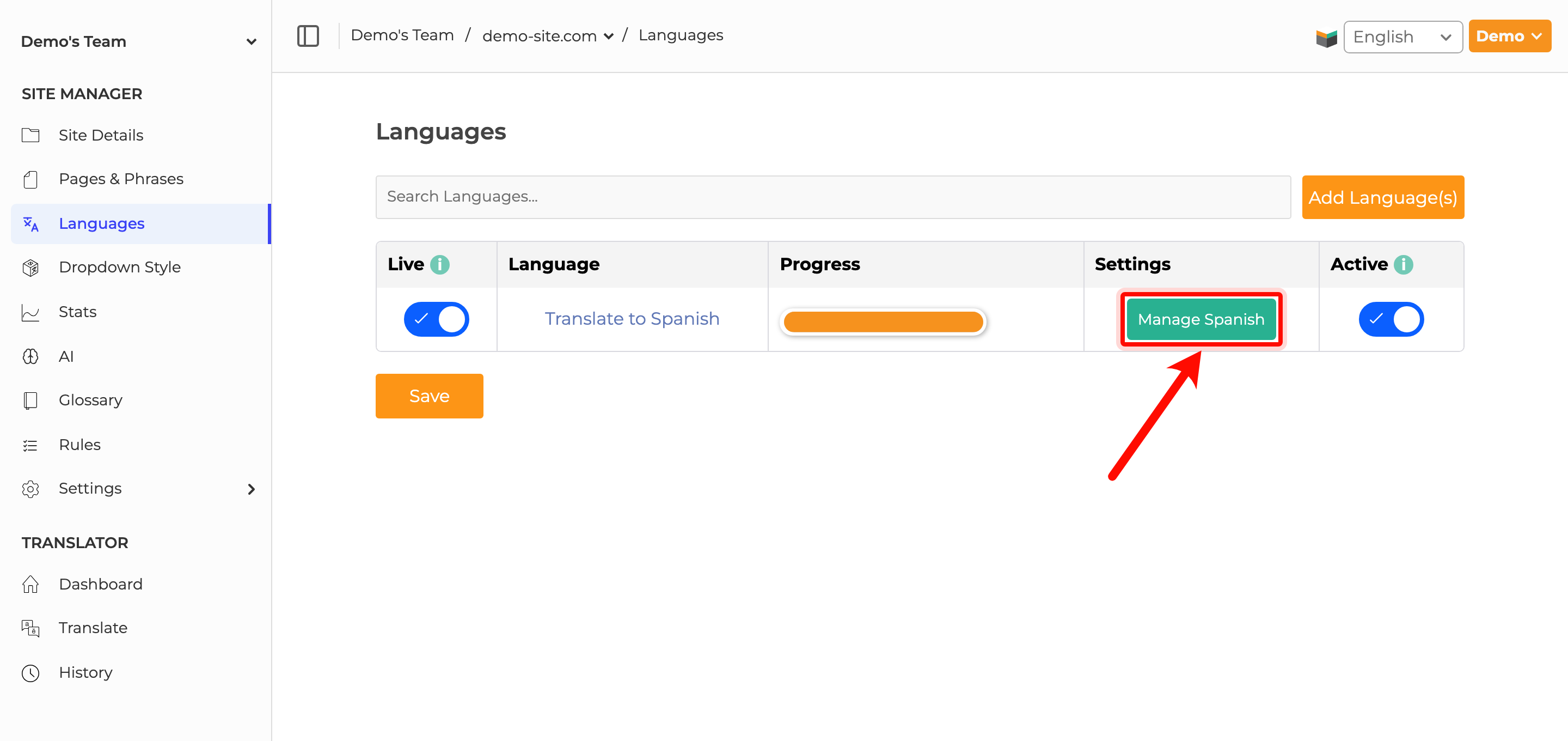 Click the Manage language name button