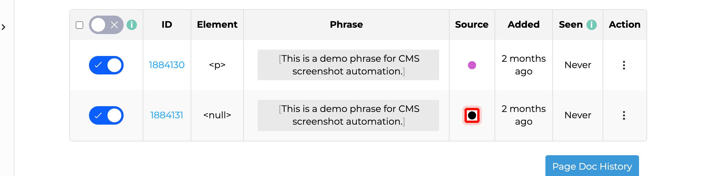 SiteTran Site Phrases table showing a phrase added with alternate translation.