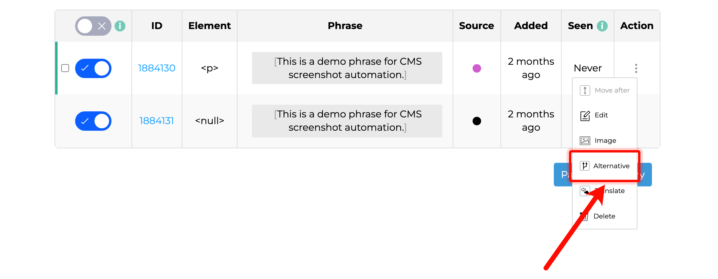 SiteTran phrase action menu open with the Alternative option highlighted.