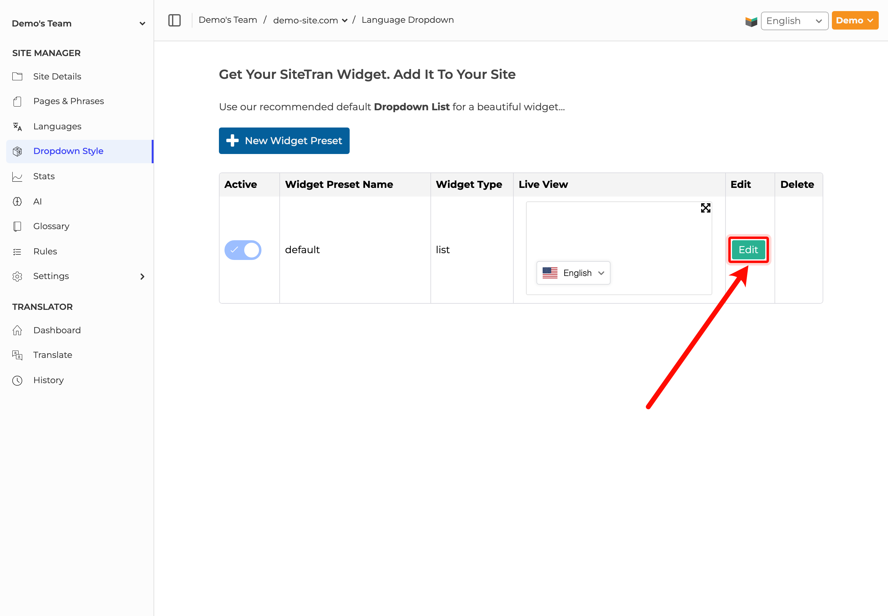 SiteTran Dropdown Style page showing the Edit button for a widget preset.