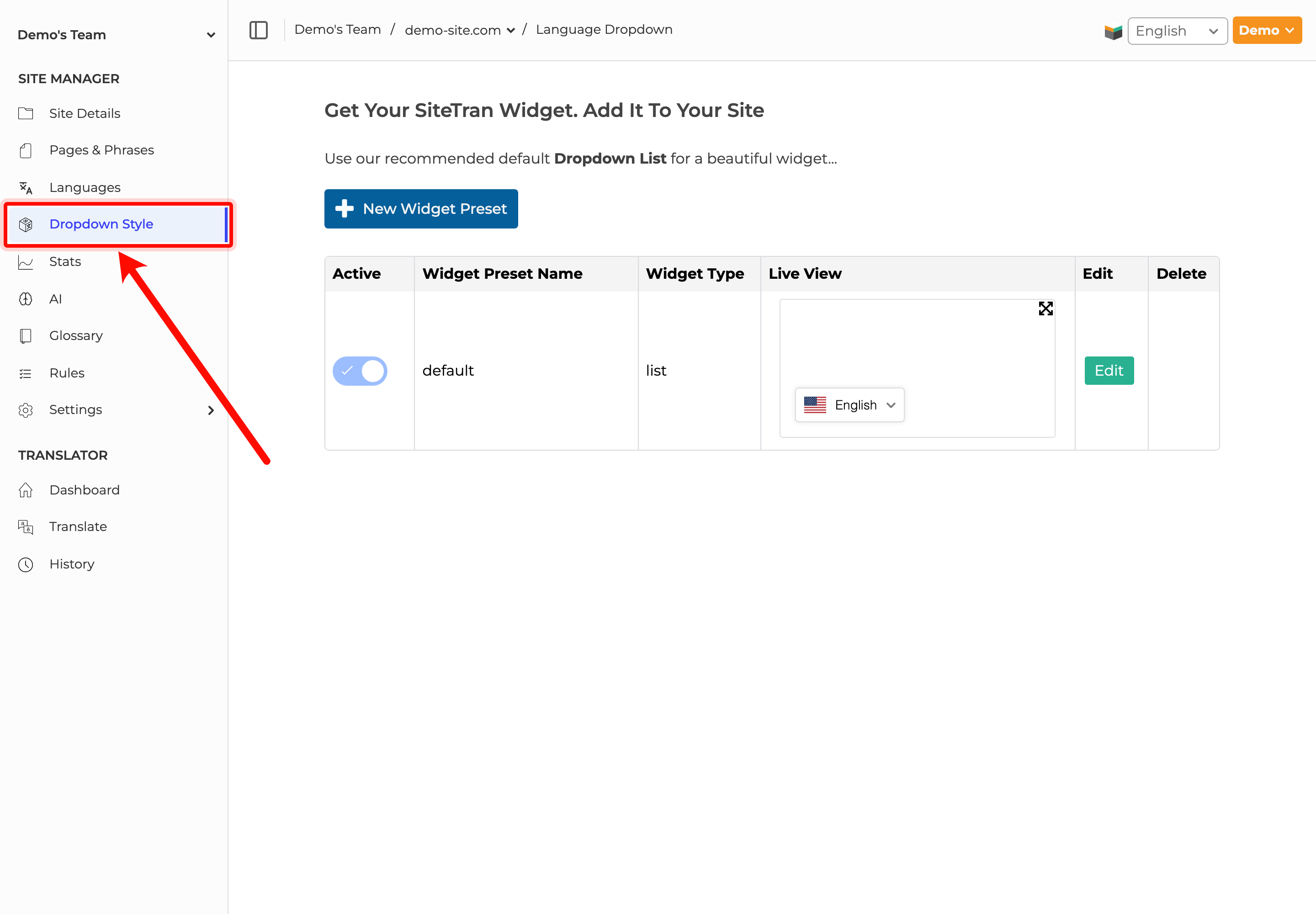SiteTran Site Manager showing the Dropdown Style page where widget presets are managed.