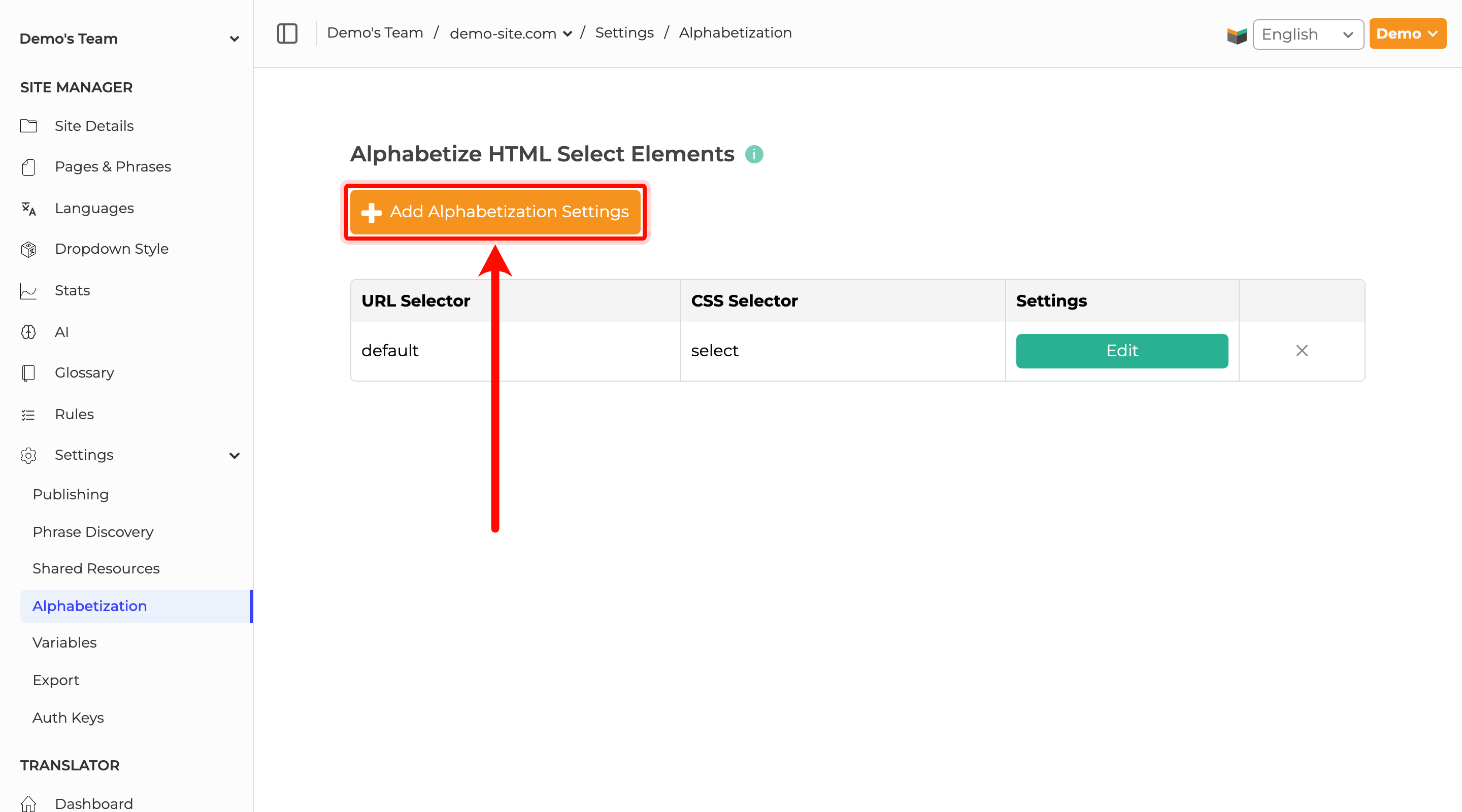 SiteTran Alphabetization settings page showing the Add Alphabetization Settings button.