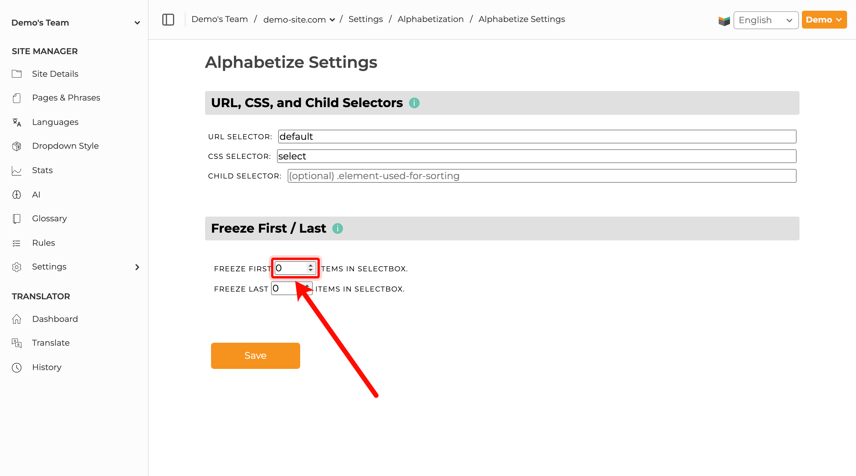 SiteTran Alphabetize Settings page showing Freeze First and Freeze Last controls.
