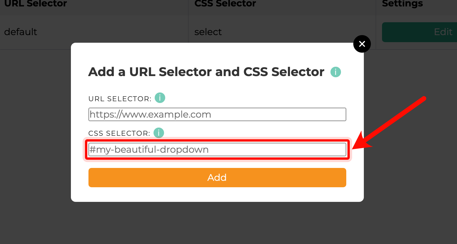 SiteTran dialog for adding a URL selector and CSS selector for alphabetization.