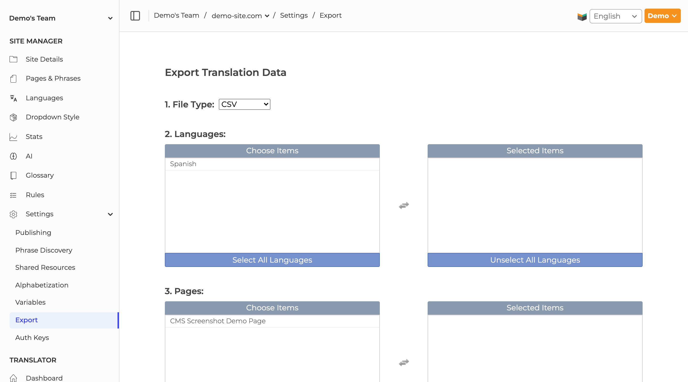 SiteTran Export Translation Data page with file type, language, page, and data selectors.
