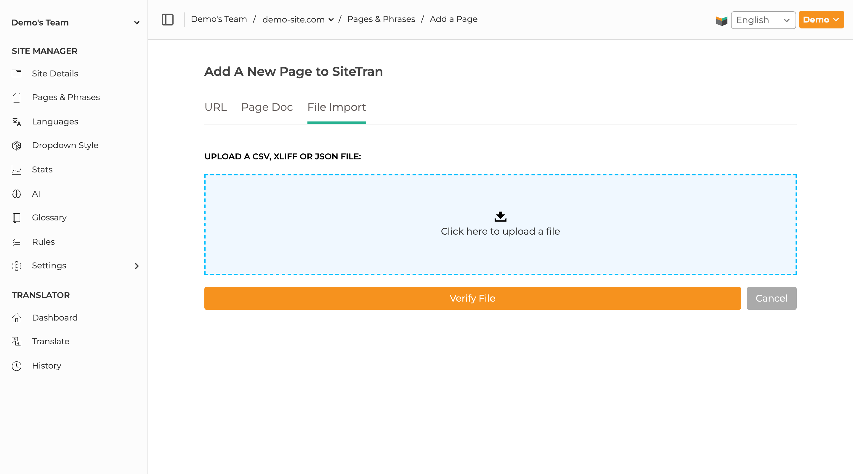 SiteTran file import tab for uploading CSV, XLIFF, and JSON translation files.