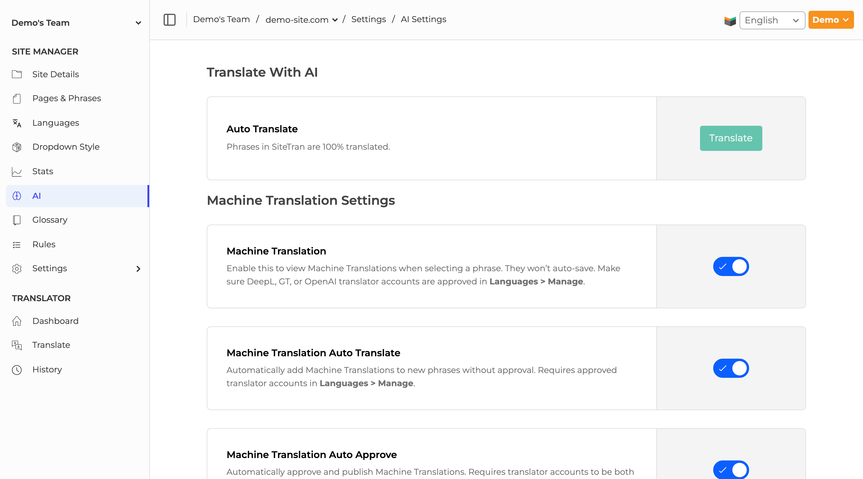 SiteTran AI settings page showing Translate With AI and machine translation controls.