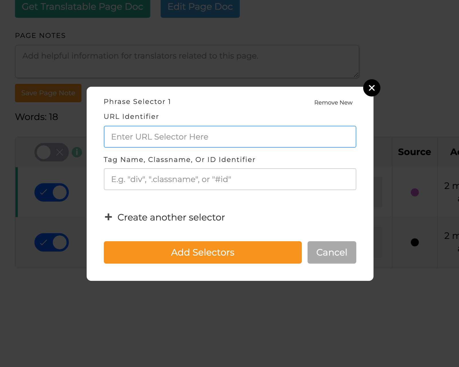 SiteTran Add Selectors modal with URL Identifier and Tag Name, Classname, or ID Identifier fields.