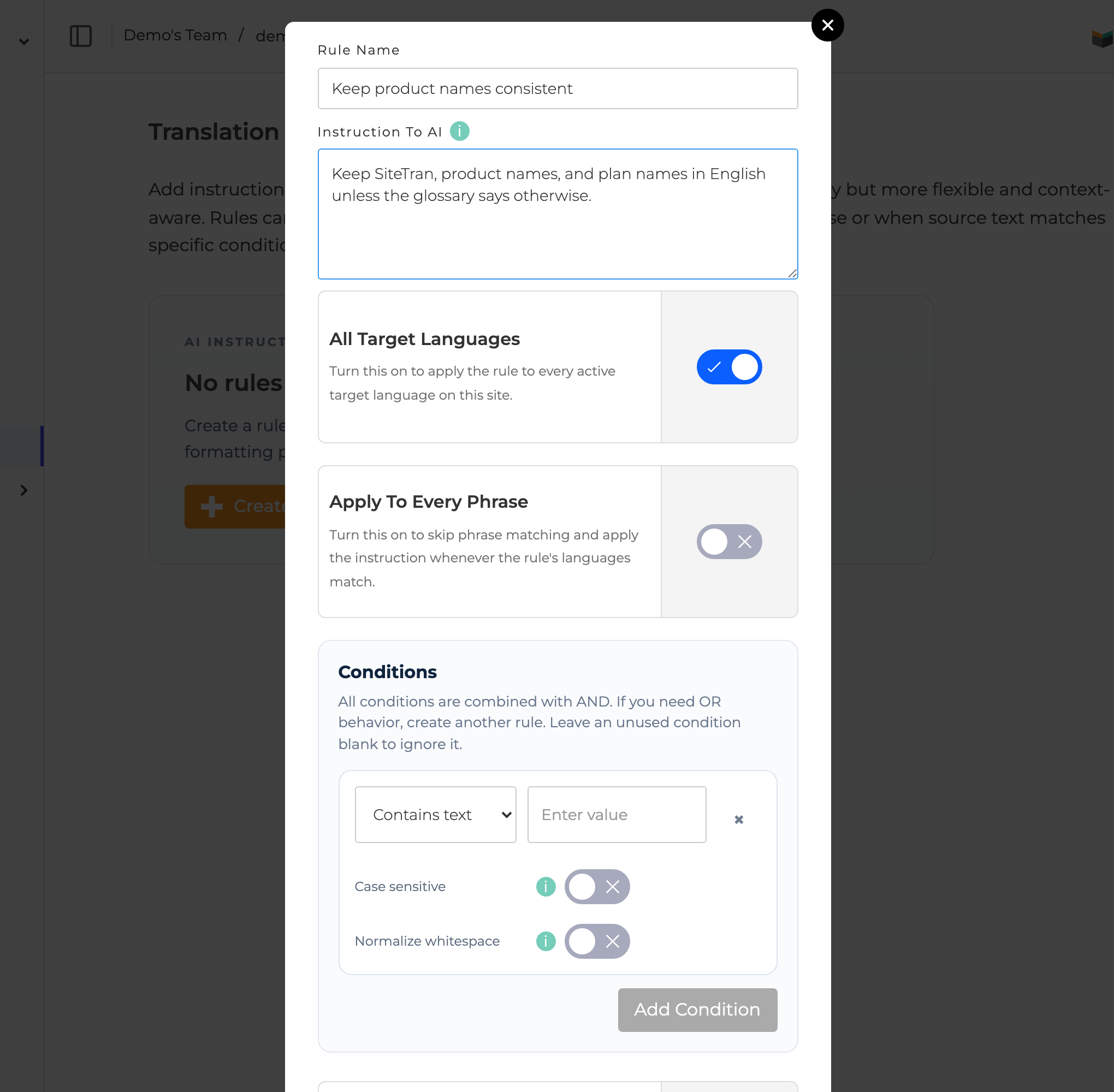 SiteTran Translation Rules page with the new rule modal open.