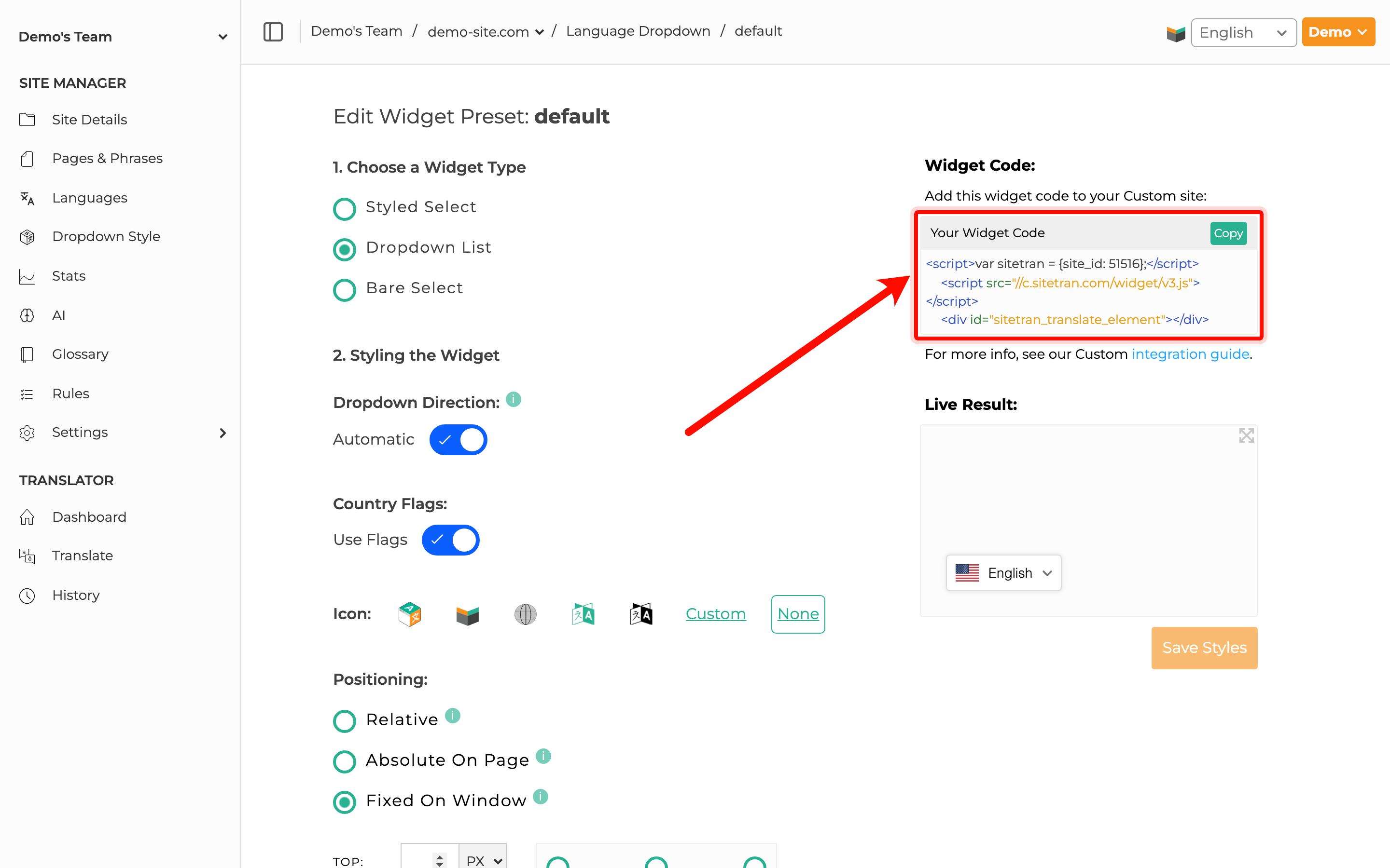 SiteTran widget code displayed with 'Copy' button on the right side of the page