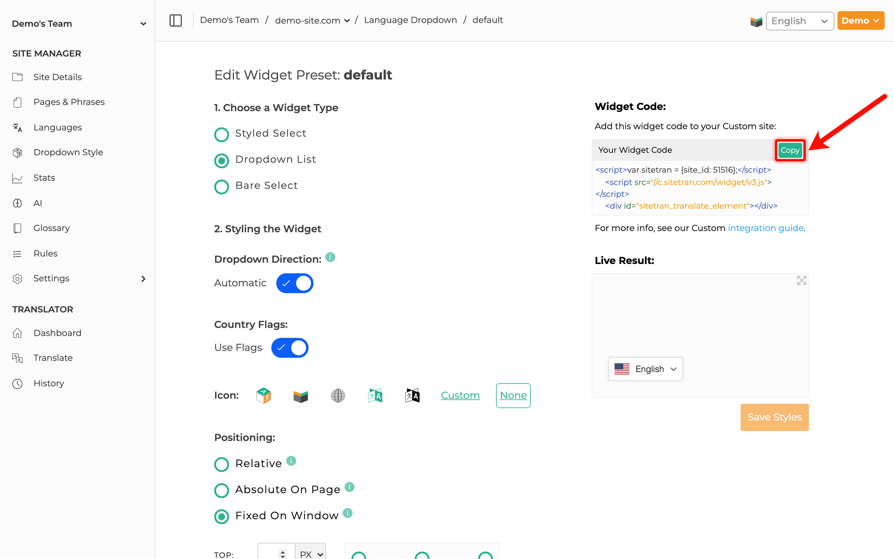 Screenshot of button to copy out SiteTran Widget Code