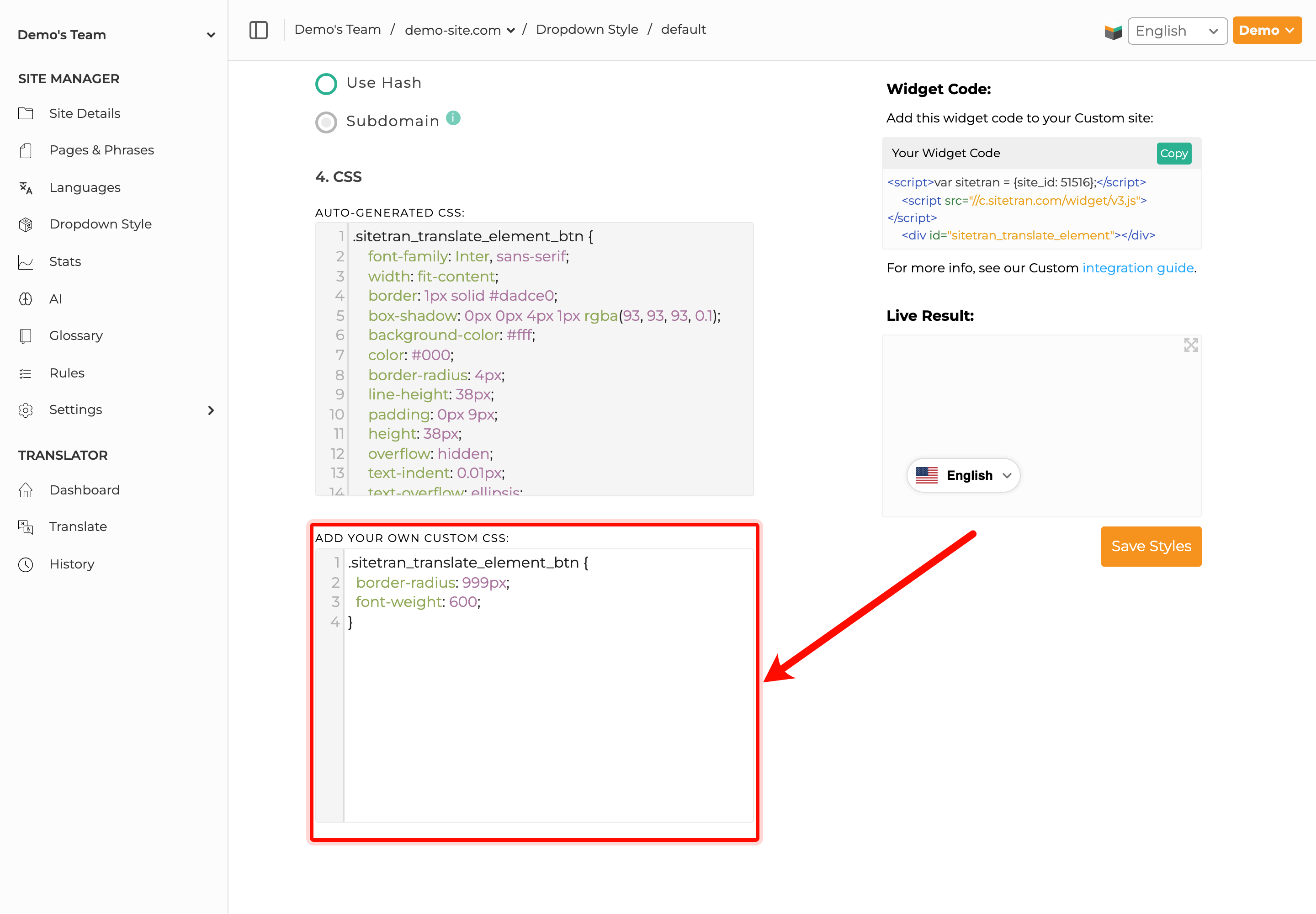 SiteTran widget preset editor scrolled to the Add your own custom CSS field.