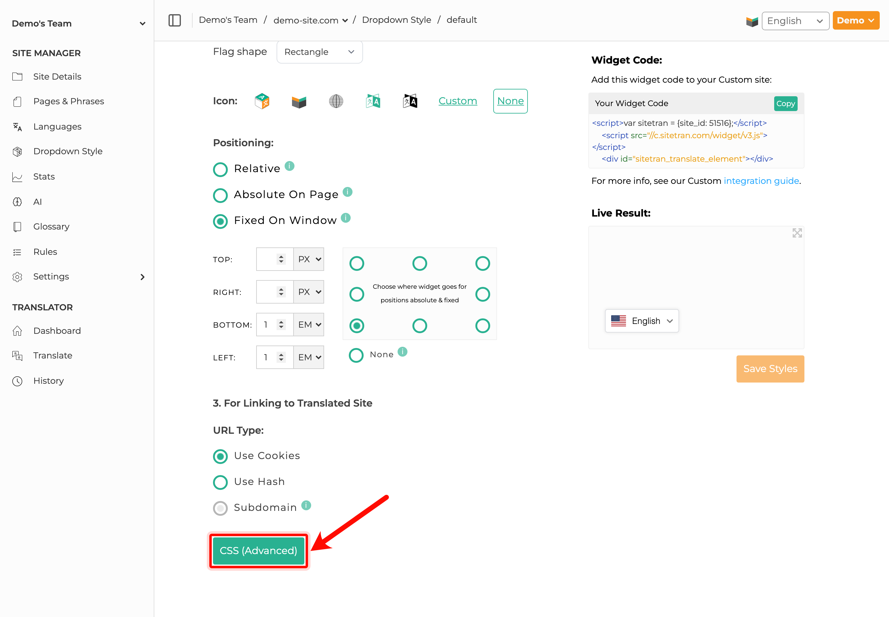 SiteTran widget preset editor scrolled to the CSS (Advanced) button.