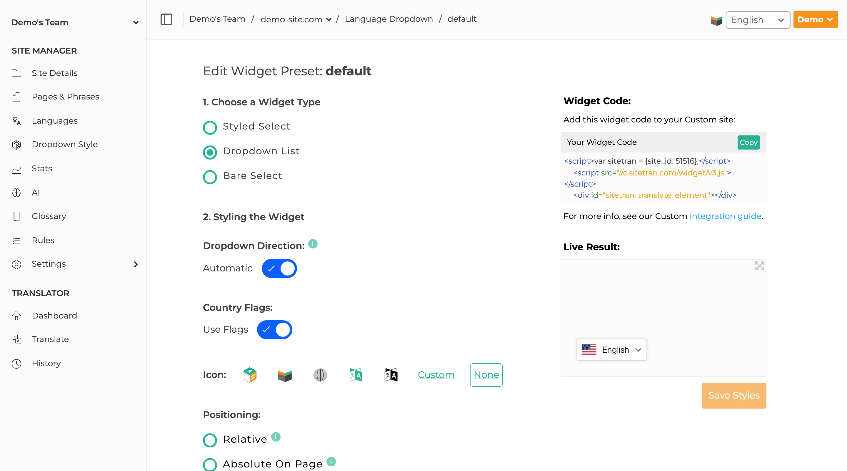 Screenshot of SiteTran Widget editor page
