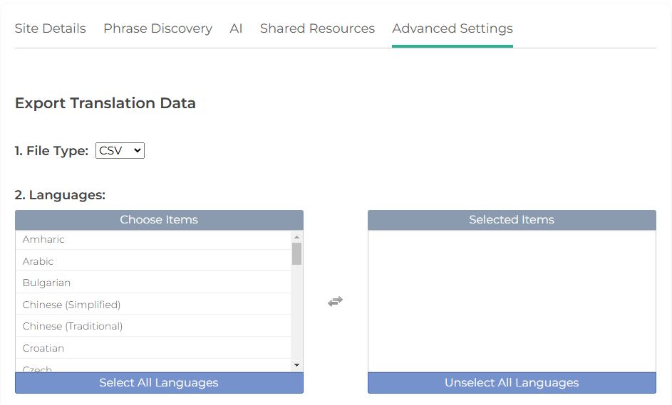 Screenshot of SiteTran's export feature interface