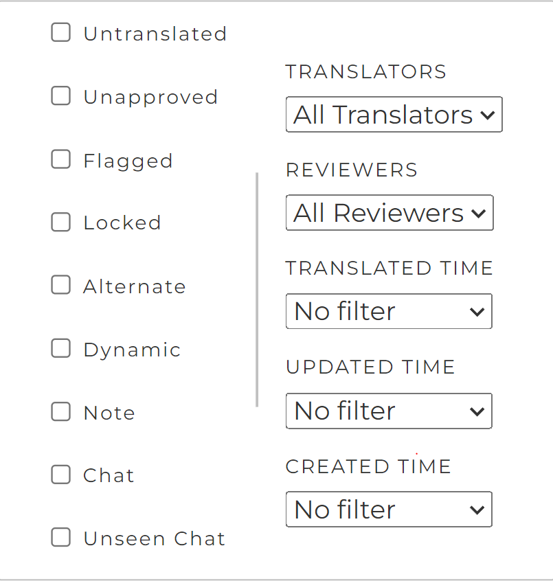 screenshot of SiteTran's Filter options