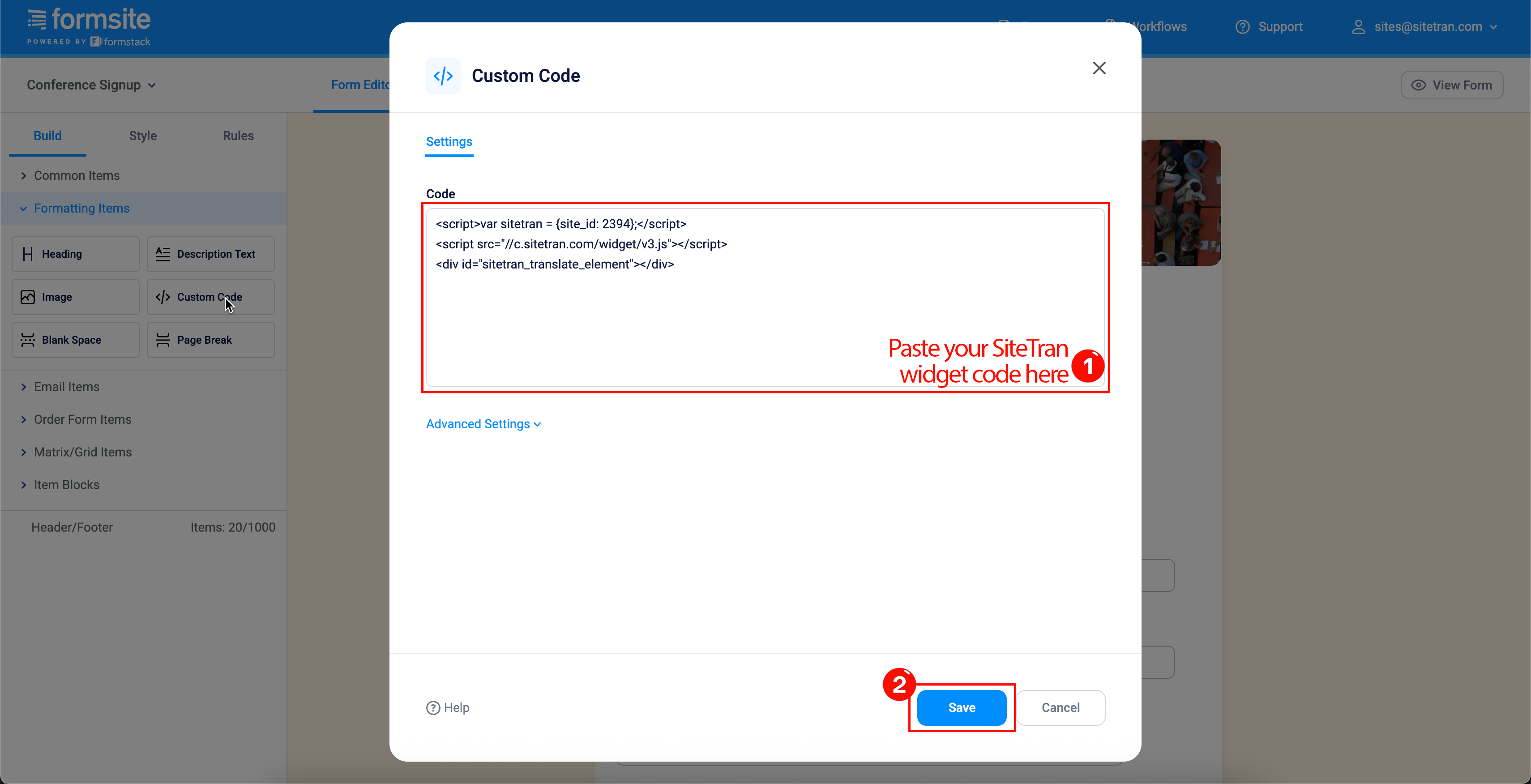 Screenshot of Formsite's Custom Code editor with a sample SiteTran widget code inserted and the Save button highlighted.