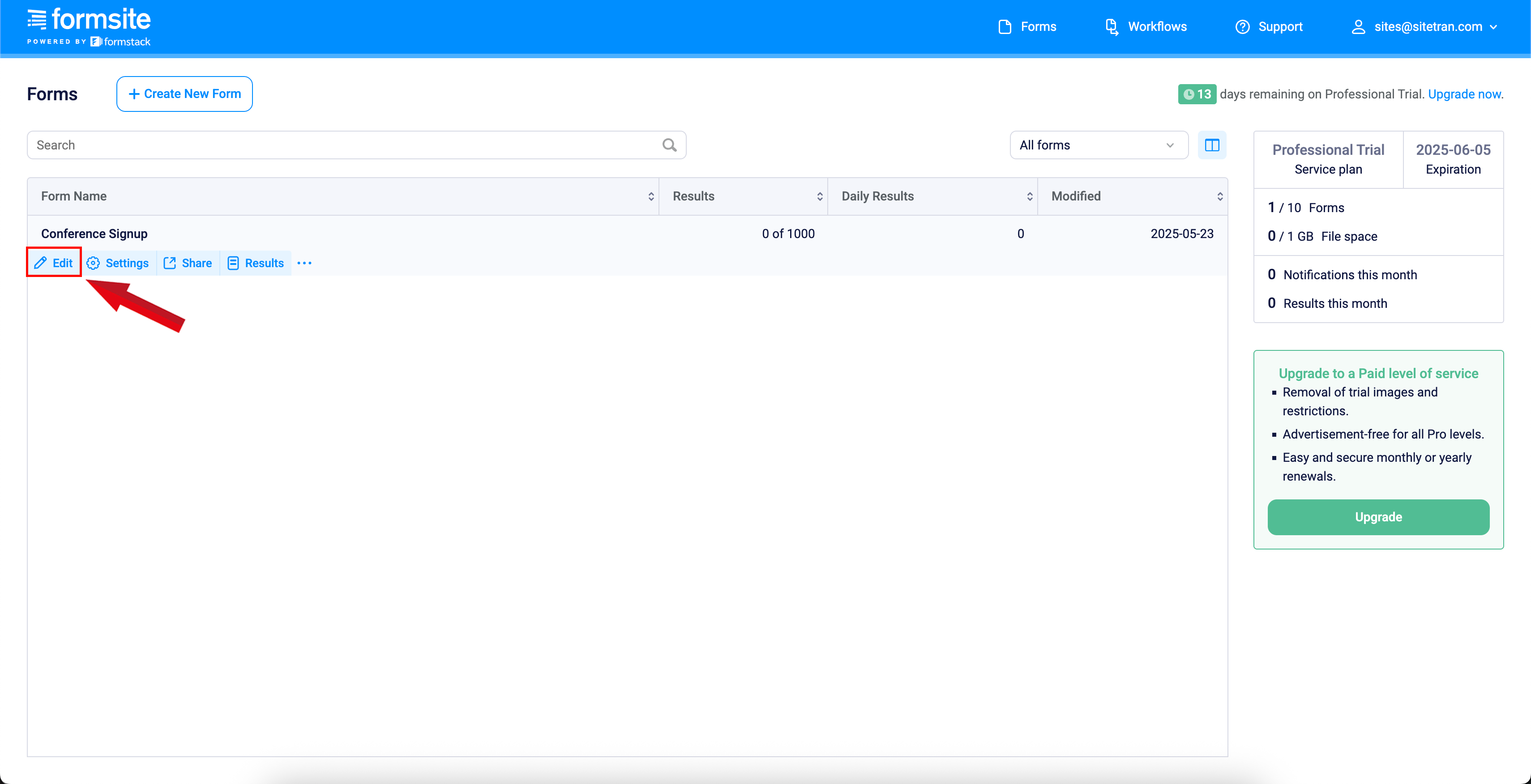 Screenshot of the Formsite dashboard showing the 'Edit' button selected for the 'Conference Signup' form
