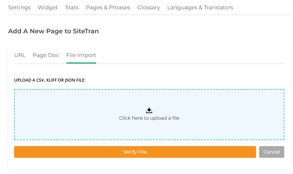 Screenshot of SiteTran's import feature interface