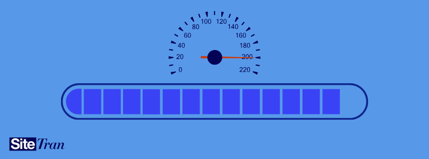 Illustration of a speedometer and loading bar on a blue background, symbolizing improved website performance and faster page load speeds. Branded with the SiteTran logo