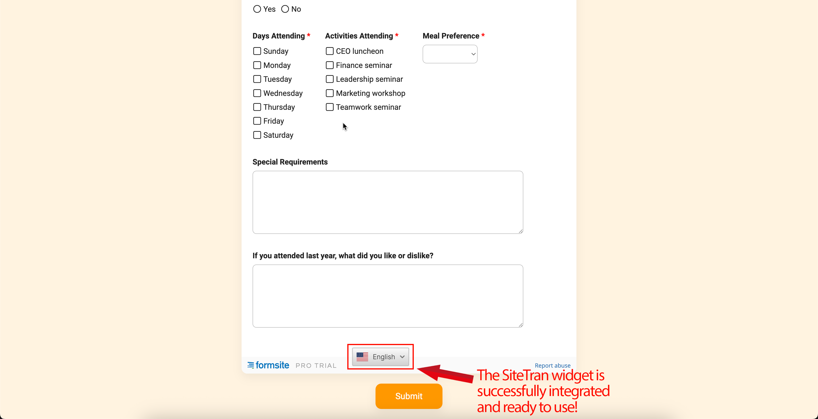 Screenshot of a Formsite form preview showing the successfully integrated SiteTran language widget in the bottom section of the form