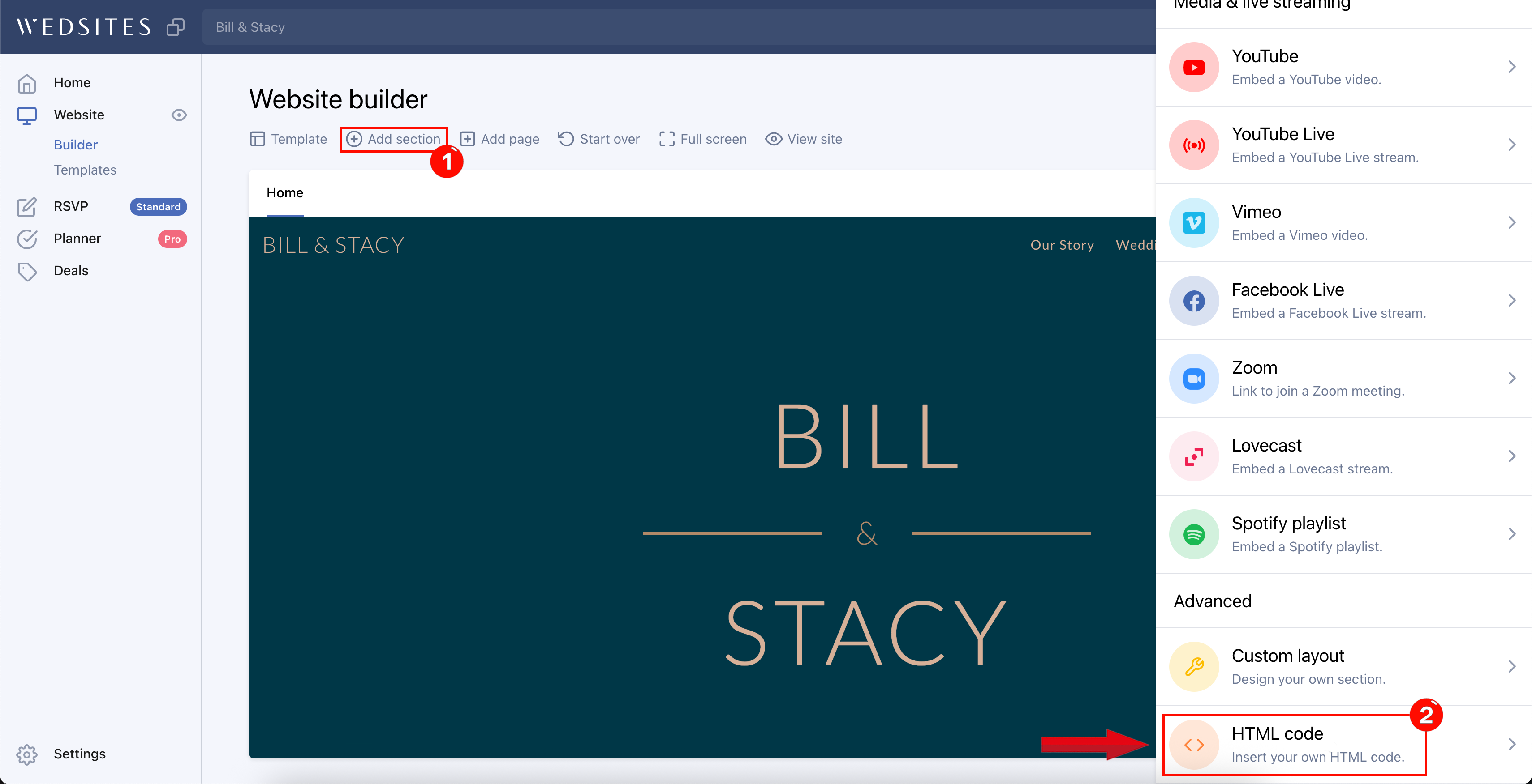 Screenshot of the Wedsites Website Builder interface showing how to add a new section and select the 'HTML code' option from the right-side menu
