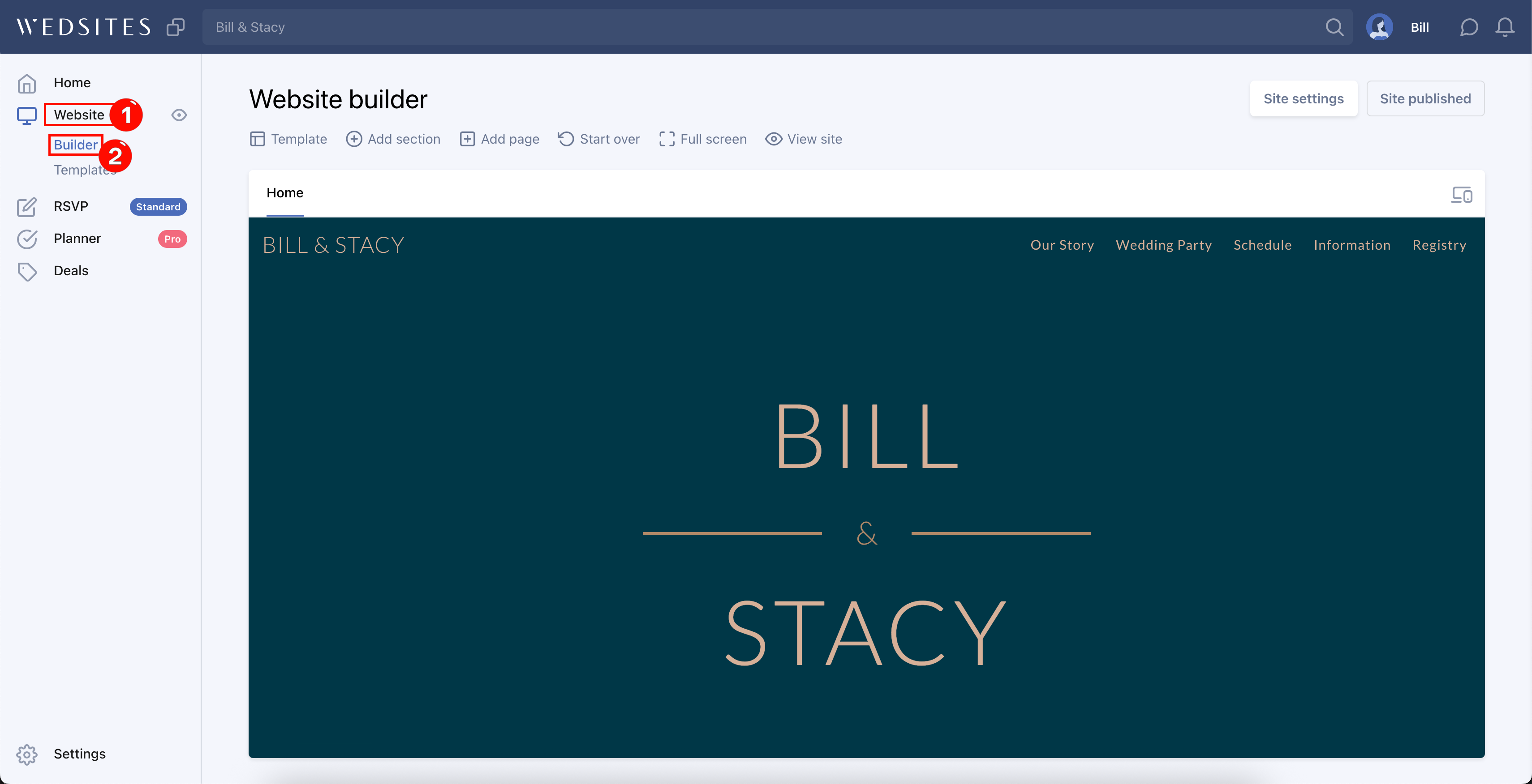 Screenshot of the Wedsites dashboard highlighting the steps to access the Website Builder by selecting 'Website' and then 'Builder' from the left sidebar menu