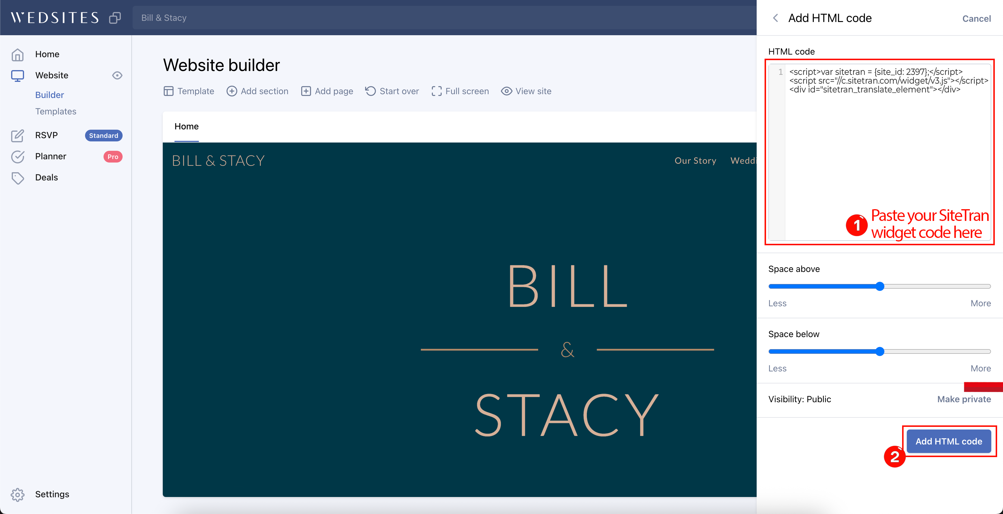 Screenshot of the Wedsites Website Builder showing the HTML code section with SiteTran widget code inserted and the 'Add HTML code' button highlighted