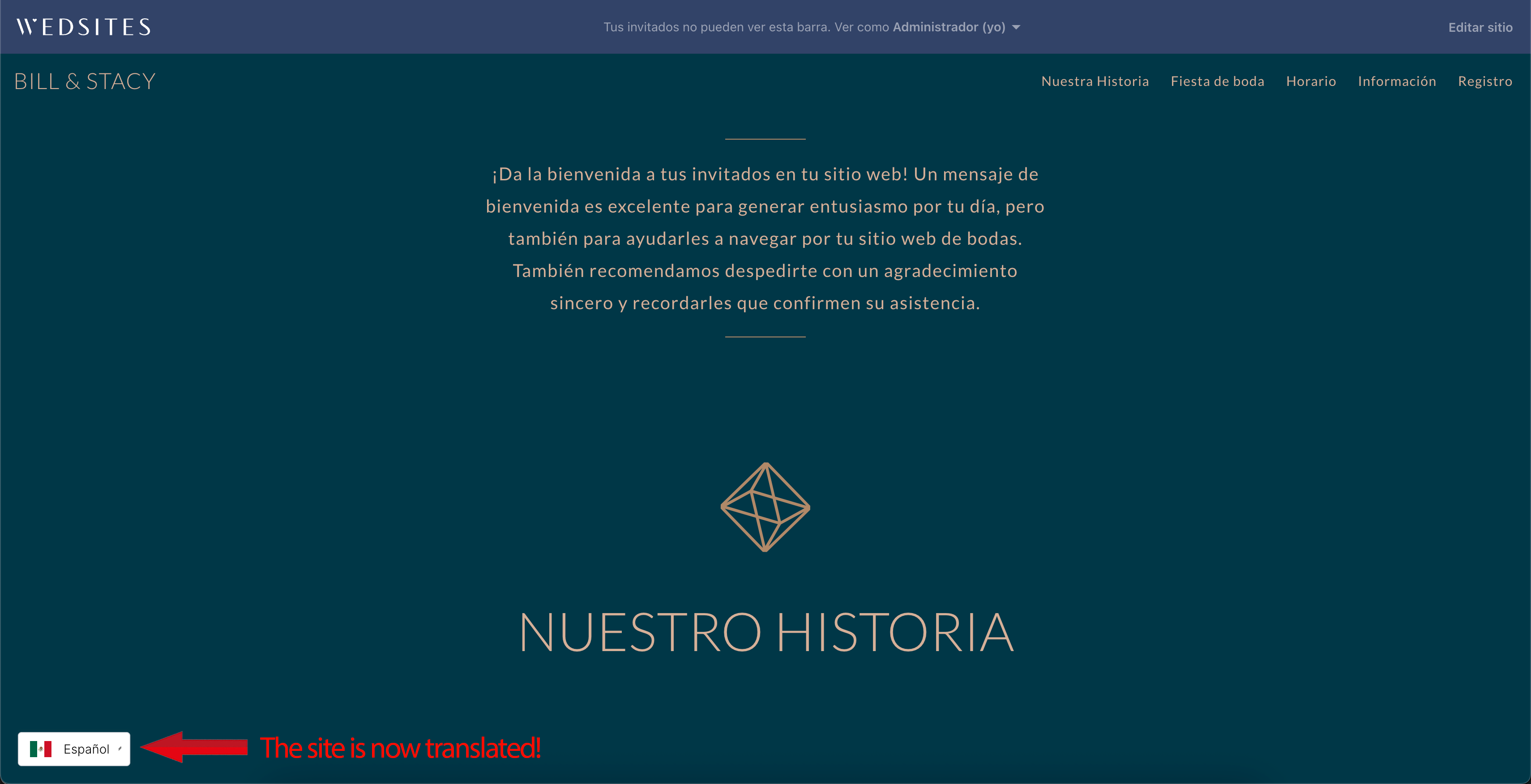 Screenshot of a Wedsites wedding website preview with the SiteTran language widget active, showing the site content successfully translated into Spanish