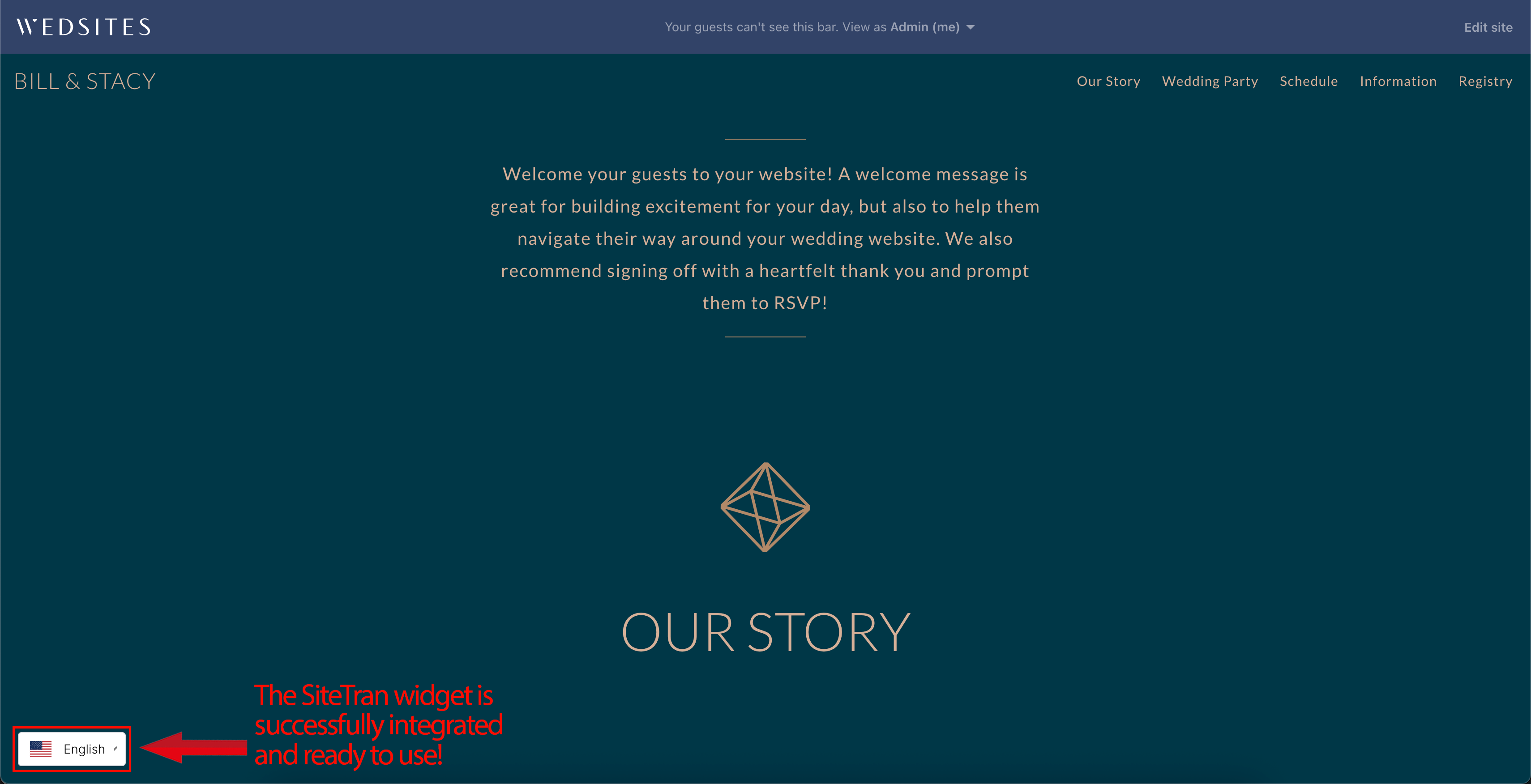 Screenshot of a live Wedsites wedding website showing the SiteTran language widget successfully integrated and visible in the bottom left corner of the page