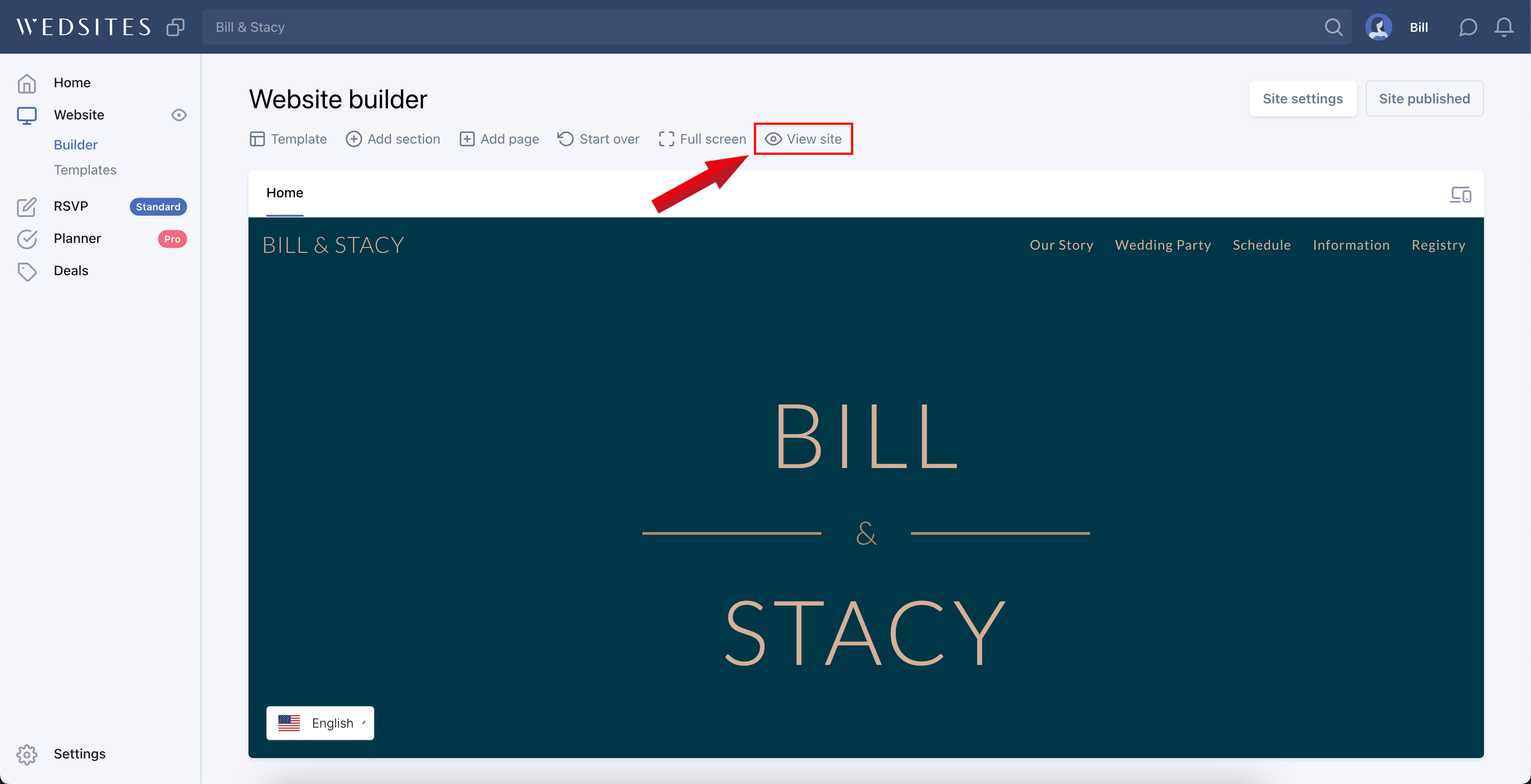 Screenshot of the Wedsites Website Builder highlighting the 'View site' button used to preview the live wedding website with the translation widget activated